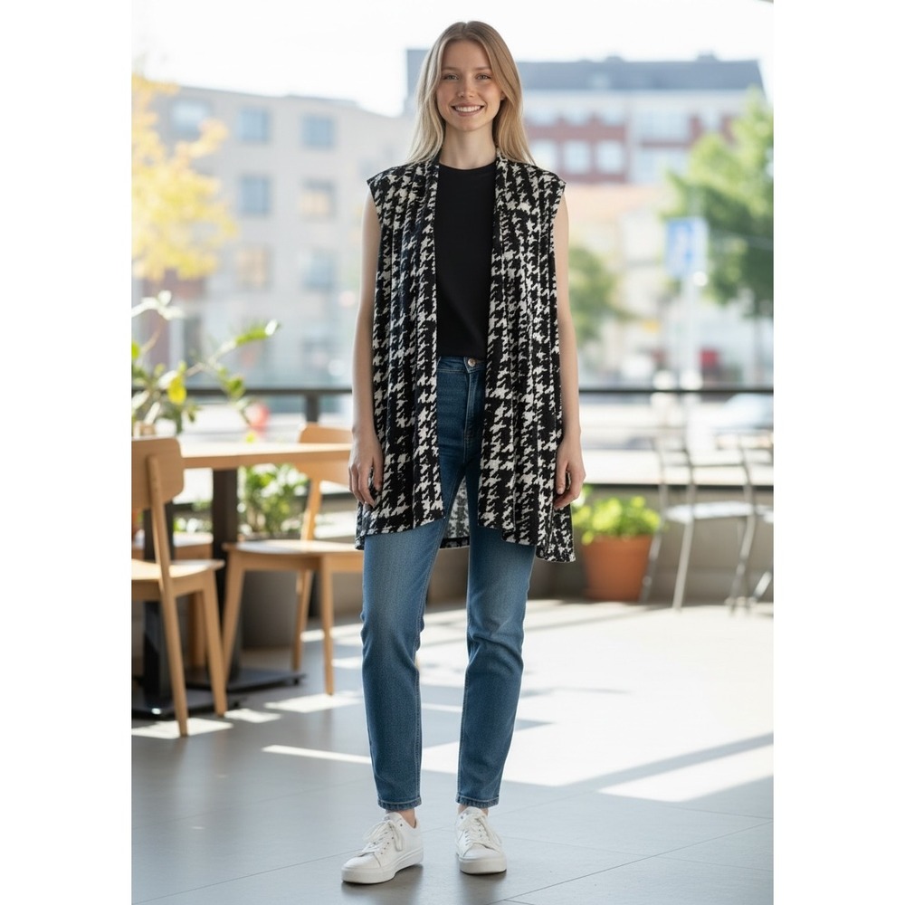 Est. 1946 Womens Houndstooth Open Front Sleeveless Cardigan Vest Black White M